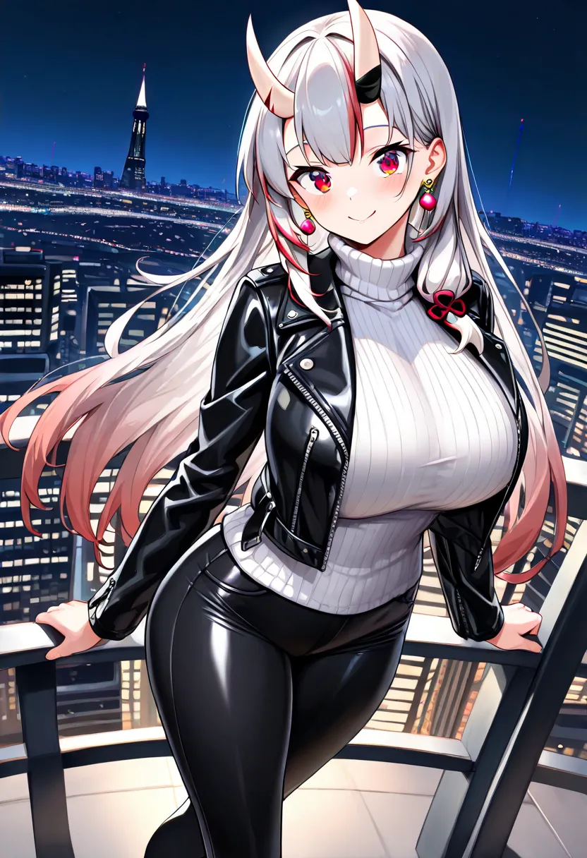 (TOP QUALITY , 8k , masterpiece , incredibly absurdres , perfect body , super detailed skin , highly detailed eyes and face , 1 woman ) ,  nakiri ayame , Silver Hair , red eyes , demon horn , smile ,  will be happy , (  black leather jacket , white turtlen...