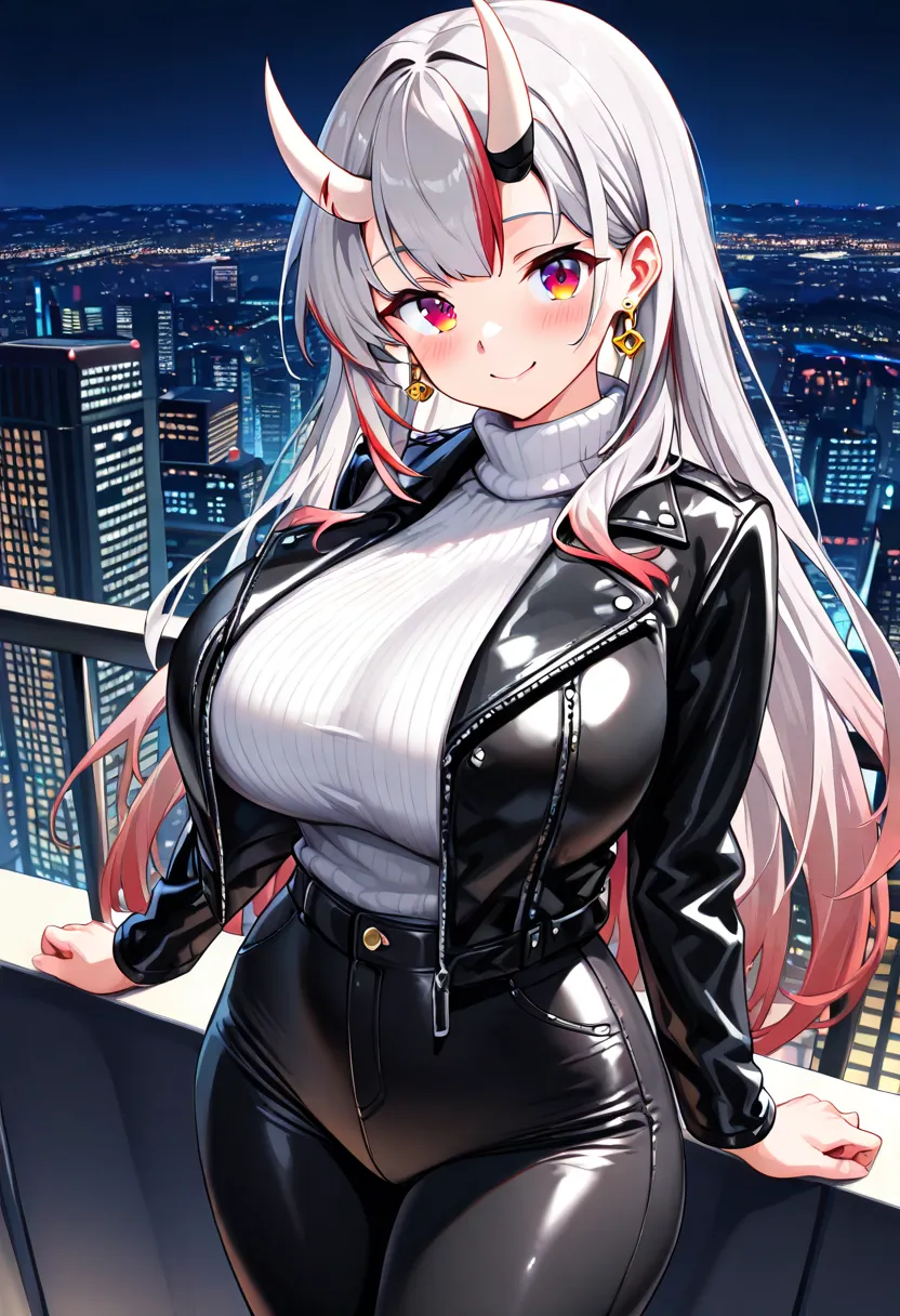 (TOP QUALITY , 8k , masterpiece , incredibly absurdres , perfect body , super detailed skin , highly detailed eyes and face , 1 woman ) ,  nakiri ayame , Silver Hair , red eyes , demon horn , smile ,  will be happy , (  black leather jacket , white turtlen...