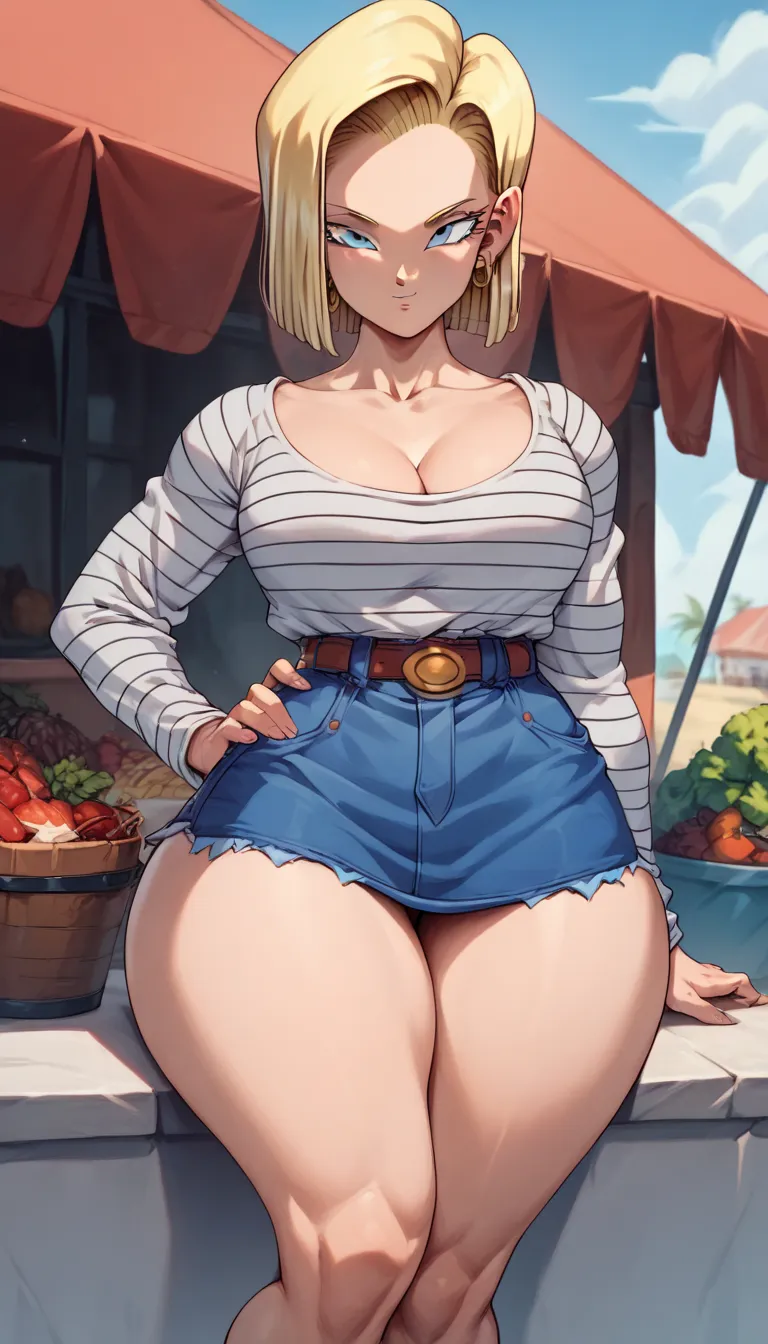 Android 18 blonde with short hair blue eyes big boobs thick thighs big abdomen healed neckline dressed as a black market clothes glued to the body inside the Orphanage surrounded by a sexy  thick thighs Big