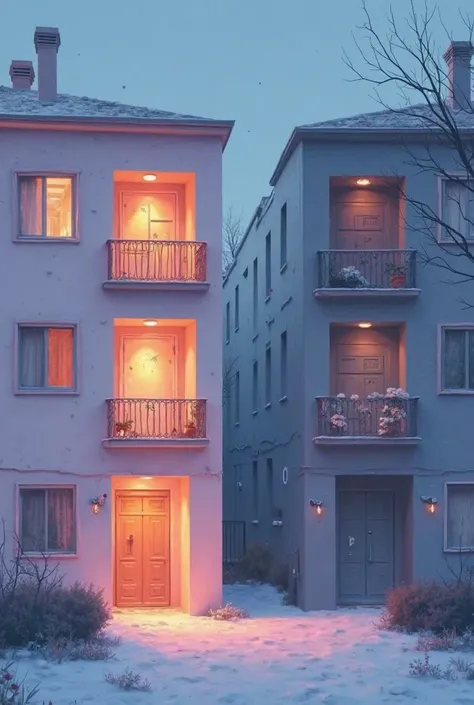 drawn in the form of an illustration, two neighboring apartments. The first one is illuminated and there are exactly four switches on the wall inside it.. The second is dark (with the lights off inside) and there are exactly four lamps inside,  pastel colo...