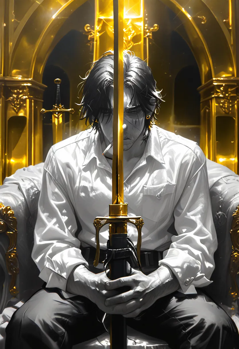  a boy,sword combat , monochrome,grayscale,((gold-colored swords in the background)), white shirt,cigarette ,facial scar,earring,Sitting ,ravine,Melancholic Look 