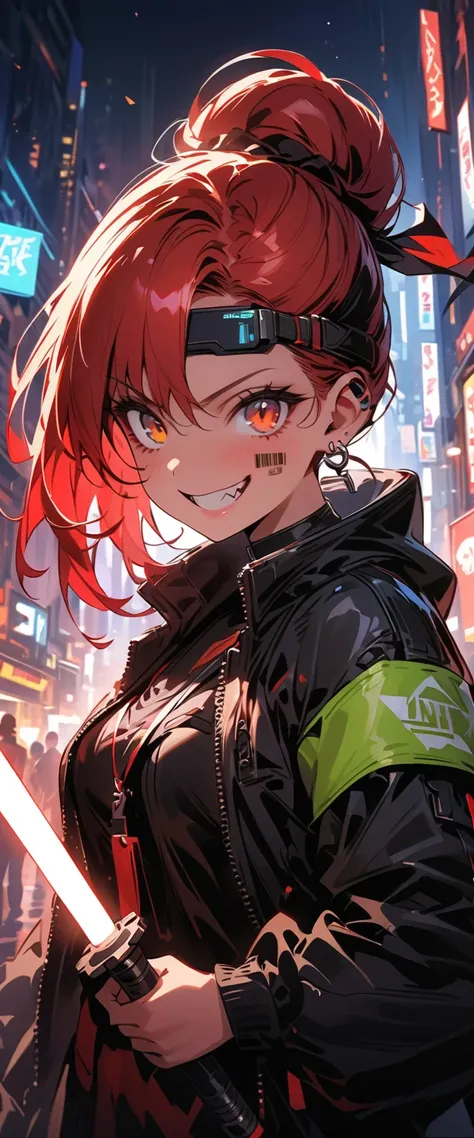 ( beautiful girl : 1.3),1 girl,(protective clothing,headband,earrings, lightsaber,scouter, with barcode tattoos on their cheeks), red hair , with bun hair ,Forehead, Crazy Smile ,Reckless attitude,Evil face,Provocative attitude, with sharp eyes , lightsabe...