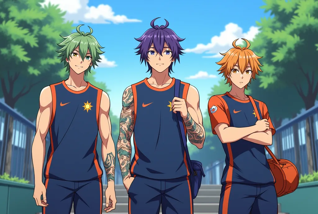 3 adolescent menaçant musclé charismatic
de l'anime blue lock saison 4.
un garçon cheveux rasé vert et rose 
lunnette de soleil 
musclé tatuage 
uniform de sport bleu et orange.
sac de sport 
visage sauvage entraint de regardez ses potes.
un autre garçon t...