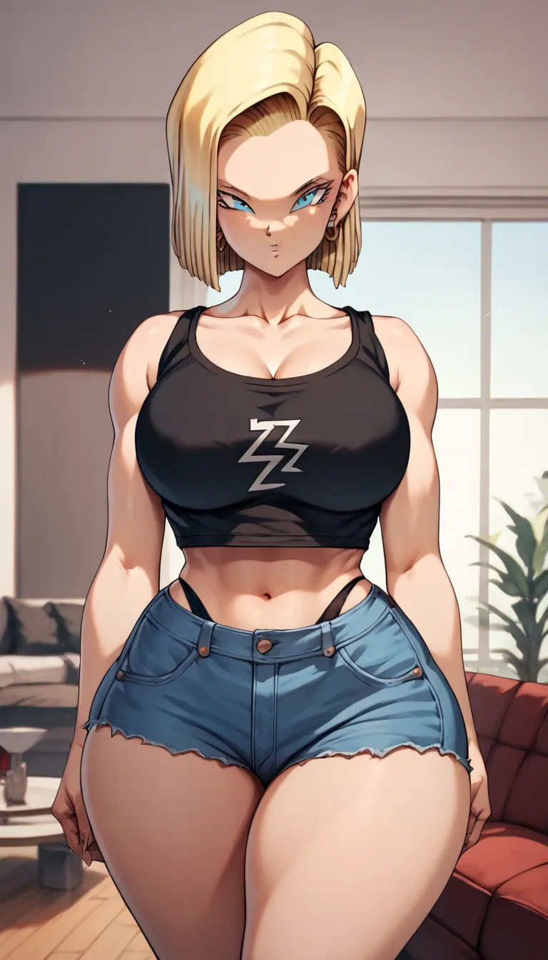 Android 18 short haired blonde blue eyes big boobs black blouse with neckline thick thighs big jeans black thighs panties in the living room thick thighs big sexy