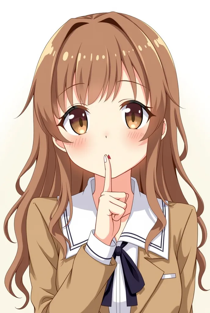 This character is a young girl with long, wavy brown hair and large, expressive brown eyes. She has a soft and gentle facial expression, giving off an air of mystery and elegance. She is wearing a school uniform consisting of a white blouse, a dark ribbon ...