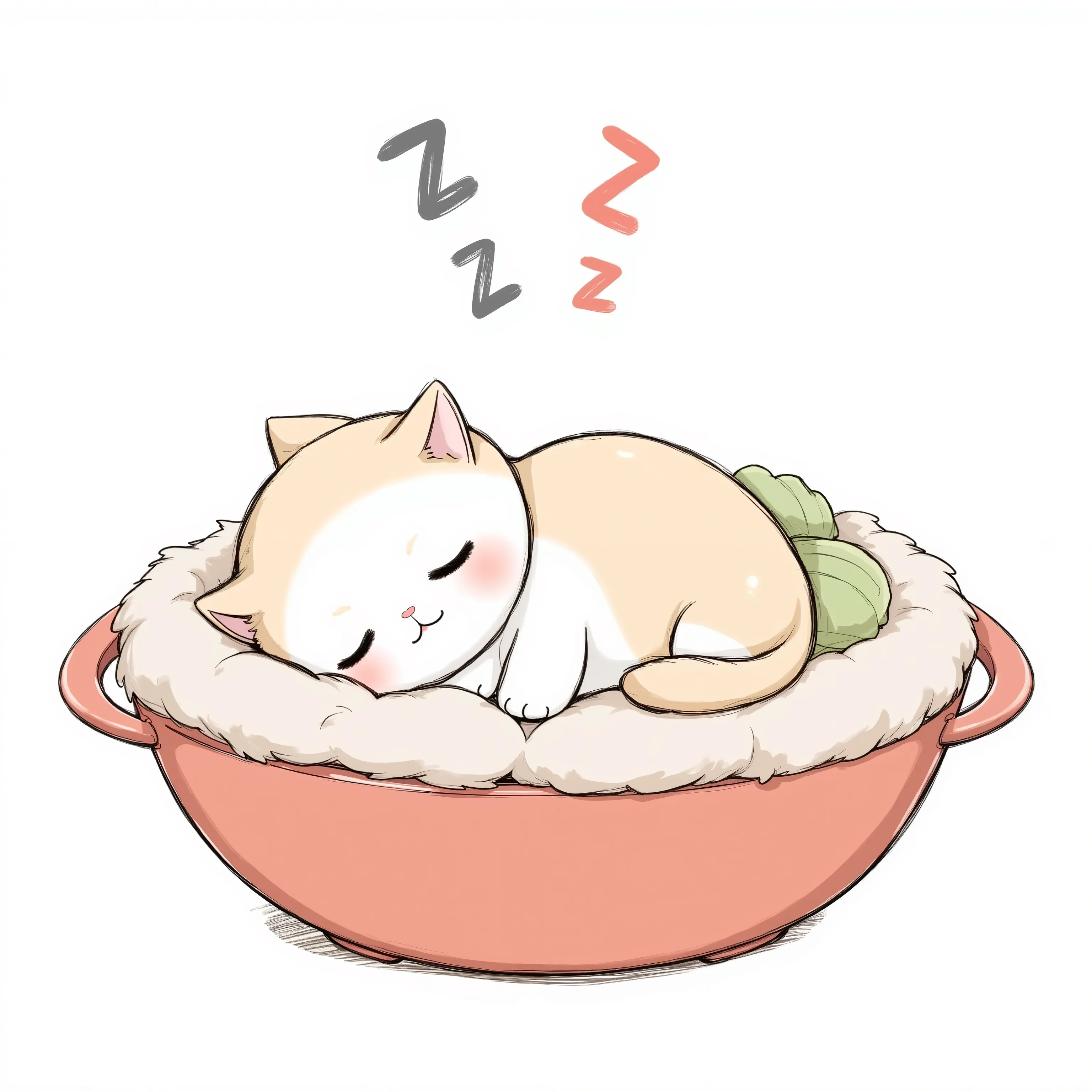 A simple cartoon-style illustration of a fluffy kitten peacefully napping, exaggeratedly sprawled out on a ramen bowl like a soft cushion. Gentle "Zzz" symbols float above its head, emphasizing its deep sleep. The illustration features minimal shading with...