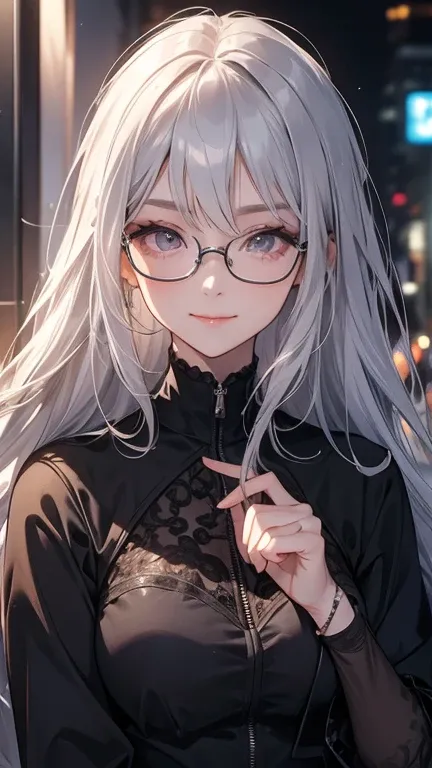  silver haired woman、smile、 the whole body is shown、glasses、glassesを触る、 Darkness