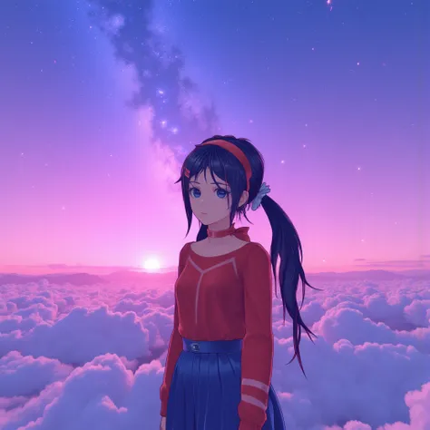 dark blue eyes, dark blue hair, choker, red sweater, blue skirt, hair ornament, ((wearing black shoes, Mita sleeping in the pink-blue clouds gradient, beautiful galaxy sky and amazing landscape)), (masterpiece), best quality, best artist