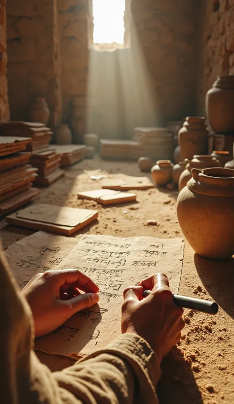  a first-person view (throw) of a scribe in Mesopotamia, with their hands holding a stylus while scratching a clay board. The fingers are soiled with clay and paint, and the nails are worn down by hard work. Feet are bare, feeling the dirt floor cold and r...