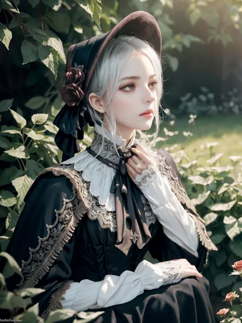 distant view, plaindoll, a beautiful Victorian-inspired Gothic doll, sitting gracefully on the edge of a weathered fountain with an angelic statue centerpiece, in a misty Gothic garden, serene face, detailed face, grey eyes, detailed eyes, eyelashes, detai...