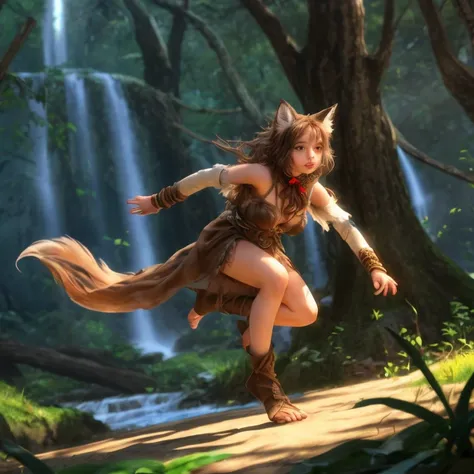 Zwiwer's realistic fantasy woman gracefully runs through the forest in a dynamic pose, her movements fluid and agile as she moves through the trees with ease. She has smooth, light brown skin and delicate fur patches on her shoulders that blend seamlessly ...