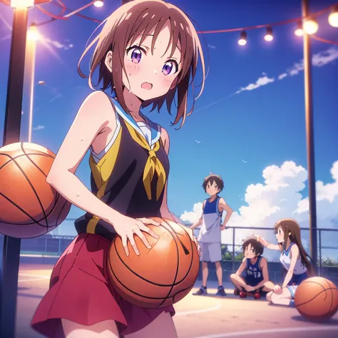 ( top quality,anime,Anime style:1.2) Yuyushiki, YOUNG GIRL, ***********,  sweaty、 Playing Basketball , (look away:1.5),Colored々Movement,sleeveless,