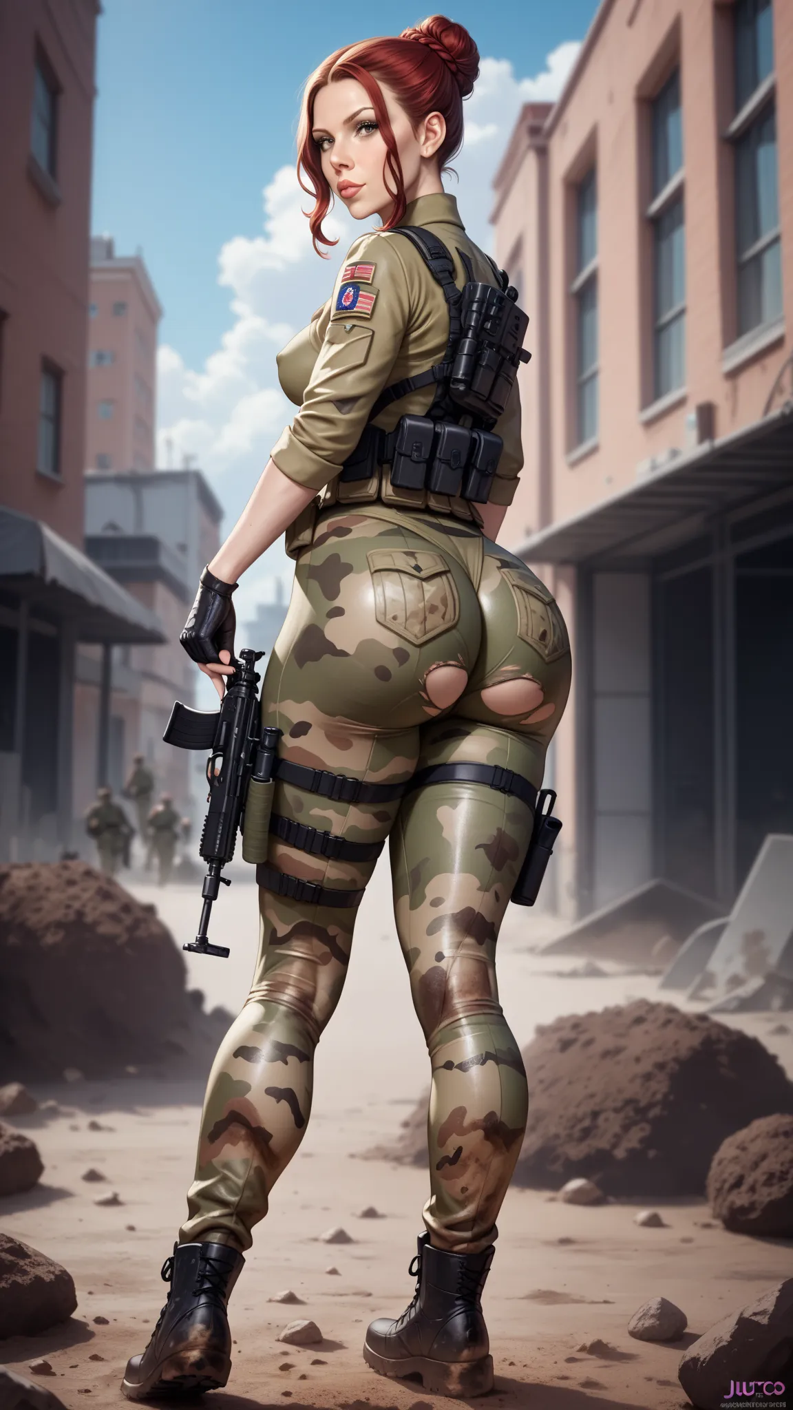 (date:20250222, By:Joulios) Scarlett Johansson, military woman, beautiful, beautiful face, realistic face, beautiful hazel eyes, hair bun hairstyle, puffy lips, slim athletic body, perfect figure, perfect breasts, round ass, thick thighs, military uniform,...