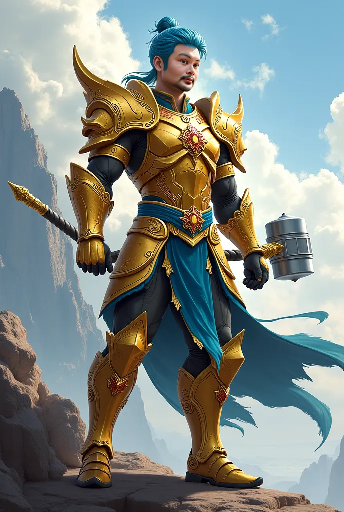 The legend of the Tangshan warrior. A handsome blue-haired hero with long blue eyes, wearing gold armor, holding a huge, cool hammer.