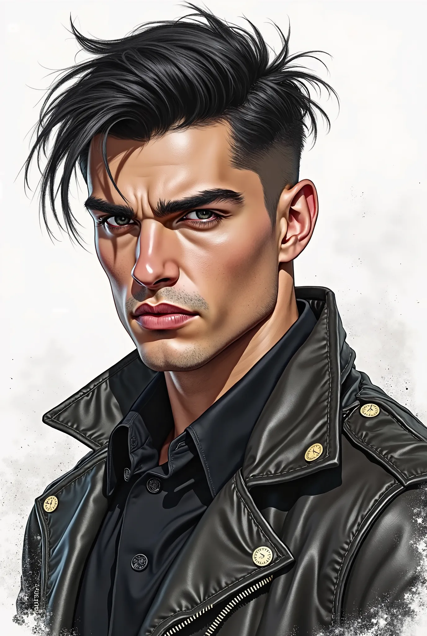 hand draw, pinterest, 25 years old, black hair., leather jacket., handsome