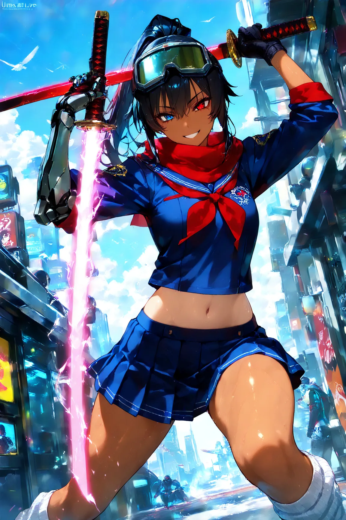 score_9, score_8_up, score_7_up, score_6_up, score_5_up, score_4_up,anime artwork masterpiece,best quality, unreal engine, ultra res, extremely detailed, One Girl,black hair,high ponytail hair,heterochromia,,tan skin,soldier goggles on head,blue sailor sui...