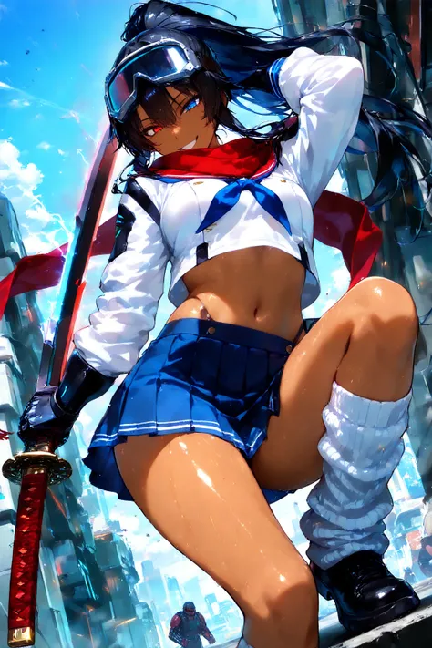 score_9, score_8_up, score_7_up, score_6_up, score_5_up, score_4_up,anime artwork masterpiece,best quality, unreal engine, ultra res, extremely detailed, One Girl,black hair,high ponytail hair,heterochromia,,tan skin,soldier goggles on head,blue sailor sui...