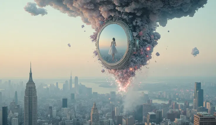 The suspended muse begins to move slowly, its presence ethereal seems to merge with the dystopian landscape around it. The mirror on your face reflects not only the city, but a horizon that seems infinite, full of forms that are constantly deformed and rec...