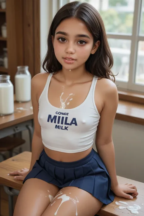 Milk covered young Latina cute small breasts voluptuous thighs schoolgirl micro tight croptop clevage milk on face, milk on cheeks, milk on neck, milk on chest, milk on thighs, drooling milk, milk spilled uniform milk spilled on thighs