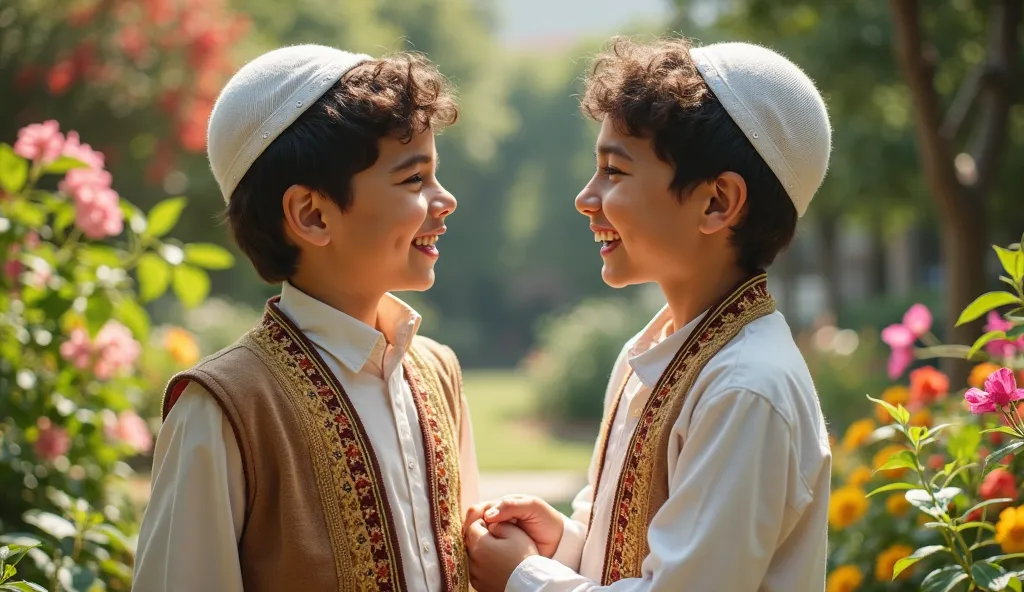  Boy in a Jewish outfit with a boy in Muslim outfit, happy . Ultra sharp, high quality, many details, garden in the background