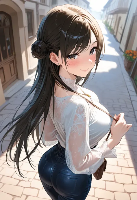 (best quality, masterpiece, ultra detailed, high resolution), Beautiful 8K CG artwork, Enriched photography, anatomically accurate body, depth of field,  1girl, elegant yet sexy girl, (long hair, black straight hair, swept bangs), 
round large breasts, bre...