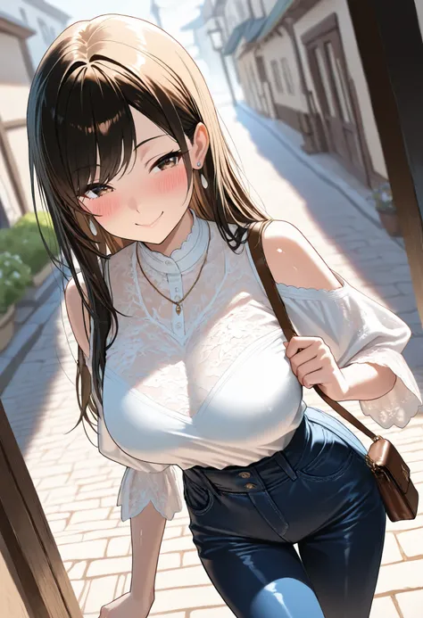 (best quality, masterpiece, ultra detailed, high resolution), Beautiful 8K CG artwork, Enriched photography, anatomically accurate body, depth of field,  1girl, elegant yet sexy girl, (long hair, black straight hair, swept bangs), 
round large breasts, bre...