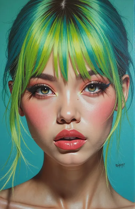 High quality realistic acrylic art,  bright colors , bright cosmetics,  nude lipstick, stripped green and turquoise hair,  detailed face, detailed lips,  detailed , looks at us directly, new style