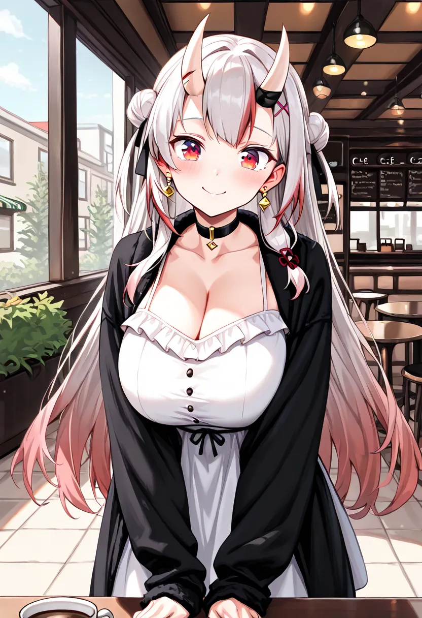 (TOP QUALITY , 8k , masterpiece , incredibly absurdres , perfect body , super detailed skin , highly detailed eyes and face , 1 woman ) ,  nakiri ayame , Silver Hair , red eyes , demon horn , smile ,  will be happy , ( white dress , black long fur coat , e...