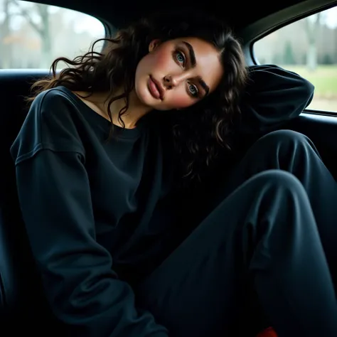  Skinny young woman,  LONG CURLY BLACK HAIR ,blue eyes , sleeping on the bench wearing a black sweatshirt ,  black sweatpants ,  sneakers, Sitting in a limousine sleeping with your team that is in the limousine sleeping too  ,  Along with your team  