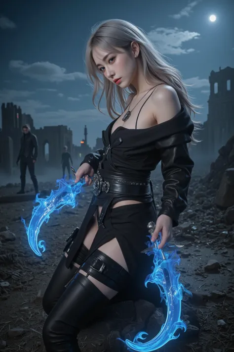 A breathtakingly beautiful female assassin in the dark fantasy world of ‘Elden Ring.’ Her silver-blonde hair flows in the wind, strands catching the eerie glow of blue flames. Her golden eyes, sharp and focused, scan the battlefield. Pale skin, faintly sca...