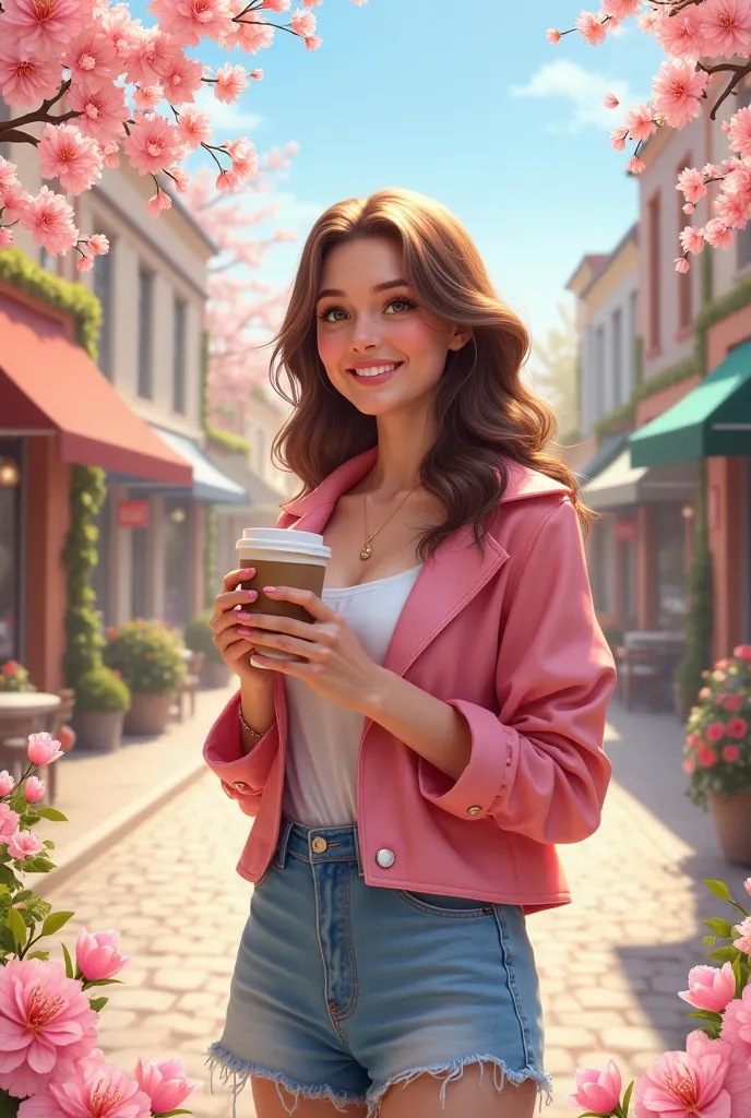 An empty wide template for filling out games and mailing players, on the side or top of the newsletter shows a beautiful girl in town,near the shopping mall, smile, stylishly dressed , spring, a cup of coffee in the other corner ,   wavy hair ,  It occupie...