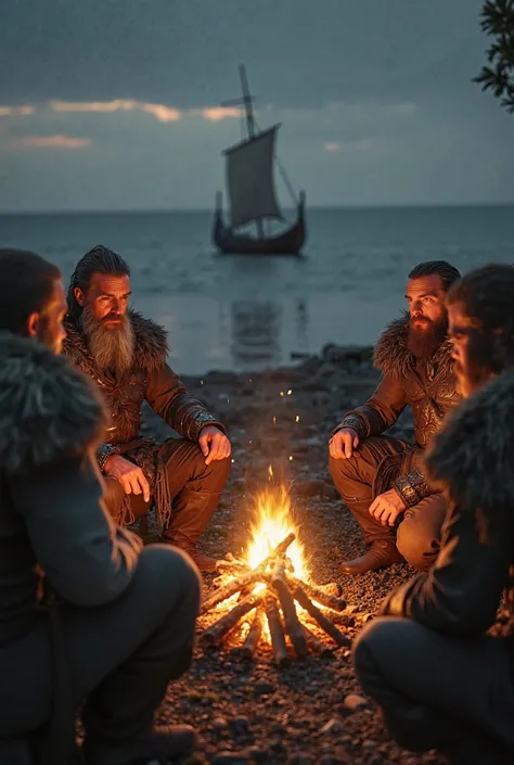 First person perspective of a Viking leader addressing his warriors, who sit around a campfire. Some want to stay, others argue to return home. The firelight flickers against tired and determined faces. In the distance, their longship is ready, waiting at ...