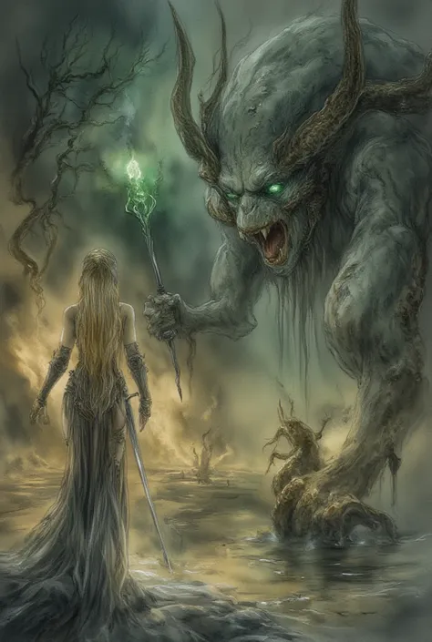 Inspired by Luis Royo, a fearless woman in elegant evening wear, her long golden locks cascading down her back, stands unwavering as a terrifying demon with razor-sharp fangs and twisted horns looms before her, its grotesque face illuminated by the faint m...