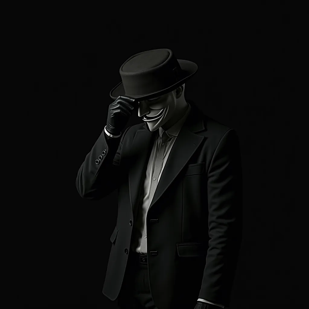 An invisible character wearing a black hat, Anonymous mask , black suit and gloves.  The face and body parts are invisible , but the clothes and accessories are still visible, creating a ghostly effect, he is diagonally and with his right hand on the hat a...