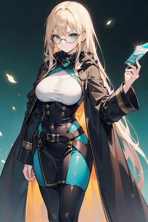 A VERY tall woman, very long Brown blonde hair, black and green tight woman’s bodysuit with big sleeves. Wearing a belted skirt. And a big velvet transparent coat like cape. Teal eyes, black goggles. serious look. Glasses, black and green cloak