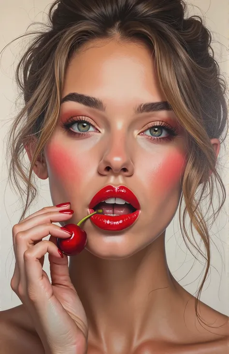 High quality realistic acrylic art,  bright colors , bright cosmetics,  nude lipstick, cherry is clutched in my lips, dark-blond hair combed into a loose hairstyle,  detailed face, detailed lips,  detailed , looks at us directly, new style