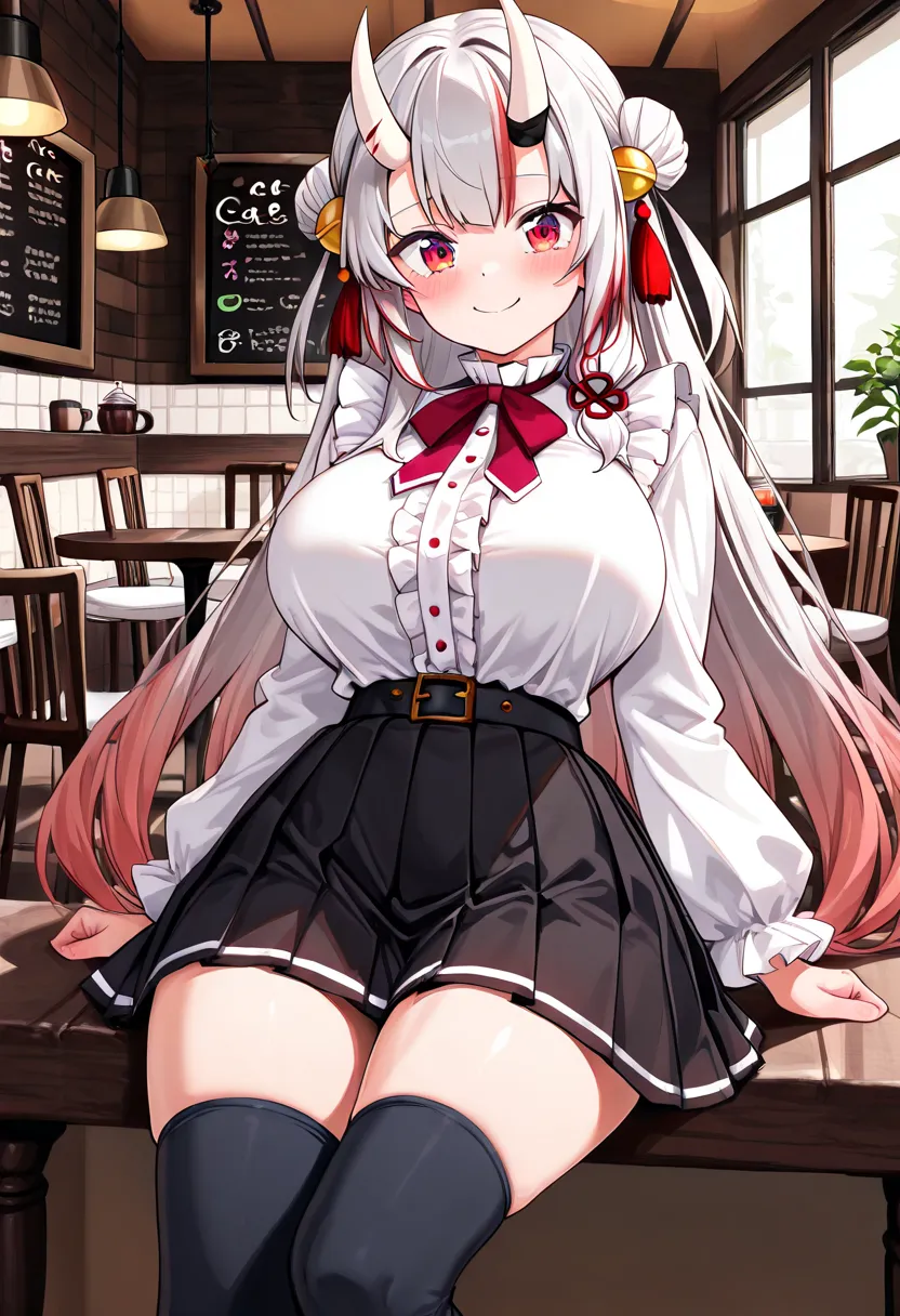 (TOP QUALITY , 8k , masterpiece , incredibly absurdres , perfect body , super detailed skin , highly detailed eyes and face , 1 woman ) ,  nakiri ayame , Silver Hair , red eyes , demon horn , smile ,  will be happy , ( white ruffle long sleeve blouse , sle...