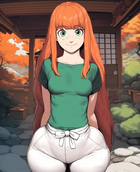 ((Cute short girl,ginger long hair,orange long ginger hair,green eyes,full bangs,long hair,freckles,light-fair skin,wearing dark-green top,white pants,wide hips,little breasts)),(((Background of japanese house,stand,normal mood,front view)))