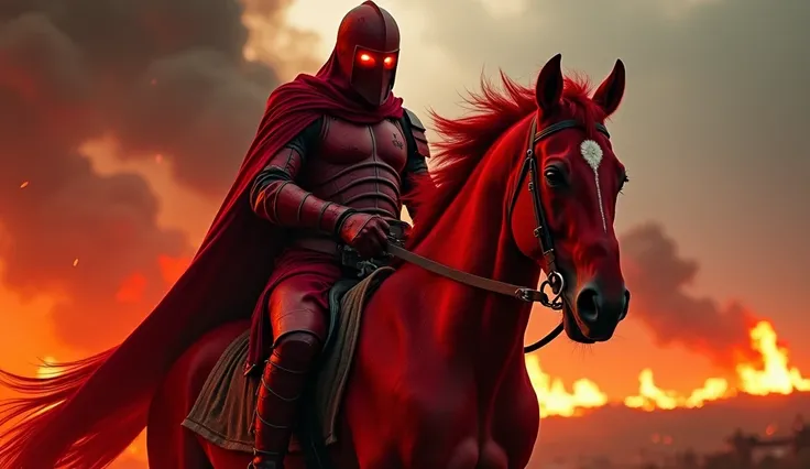 The Red Rider of Apocalypse – War and Violence Symbolized
A dramatic, intense close-up of the Red Rider from the Four Horsemen of the Apocalypse. The rider, dressed in a dark red armor adorned with scars of battle, sits on a fierce, fiery red horse, its mu...