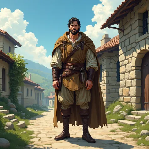 (medieval male:1.1), (brown dusty clothes:1.1), (medieval clothes:1.25), (look at viewer:1.2), (front view:1.2), (leather bag), (stay in village:1.2), (stone road:1.1), (stone house background:1.1), (look at viewer:1.1), (sunny day with clouds:1.05), anime...