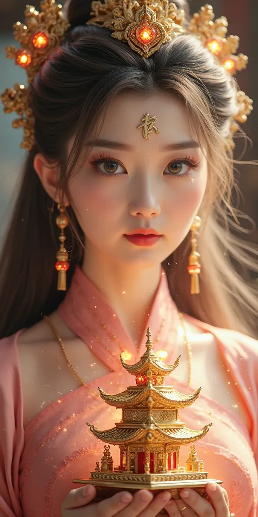 Uhd, half body photograpphy, Most beautiful xianxia female protagonist,light brown dominant and silver strand long hair , green jade eyes,use majestic garmen with red mate fillamen,silver pink pattern clothes,face detailed,lips detailed,thin red lips,golde...