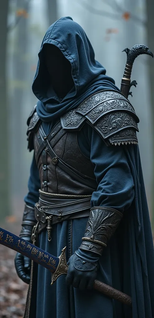 A mysterious warrior wearing a cloak, underneath the cloak he has a black leather armor. One shoulder is protected by a black metal plate and engraved with a dragon, His dark blue sword has symbols that glow and the crossguard is shaped like a dragon. He i...