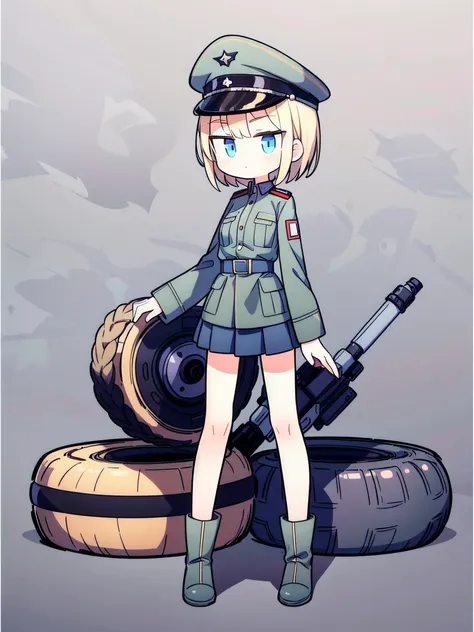 ((True best masterpiece, Ultimately perfect quality, Extremely delicate details)), A skinny soldier girl, Blonde, Blue eyes, Putting on a military suit, Wearing a jacket, Military cap, Dress shirt with tire, Skirt, Boots, Uniform during world war era, Germ...