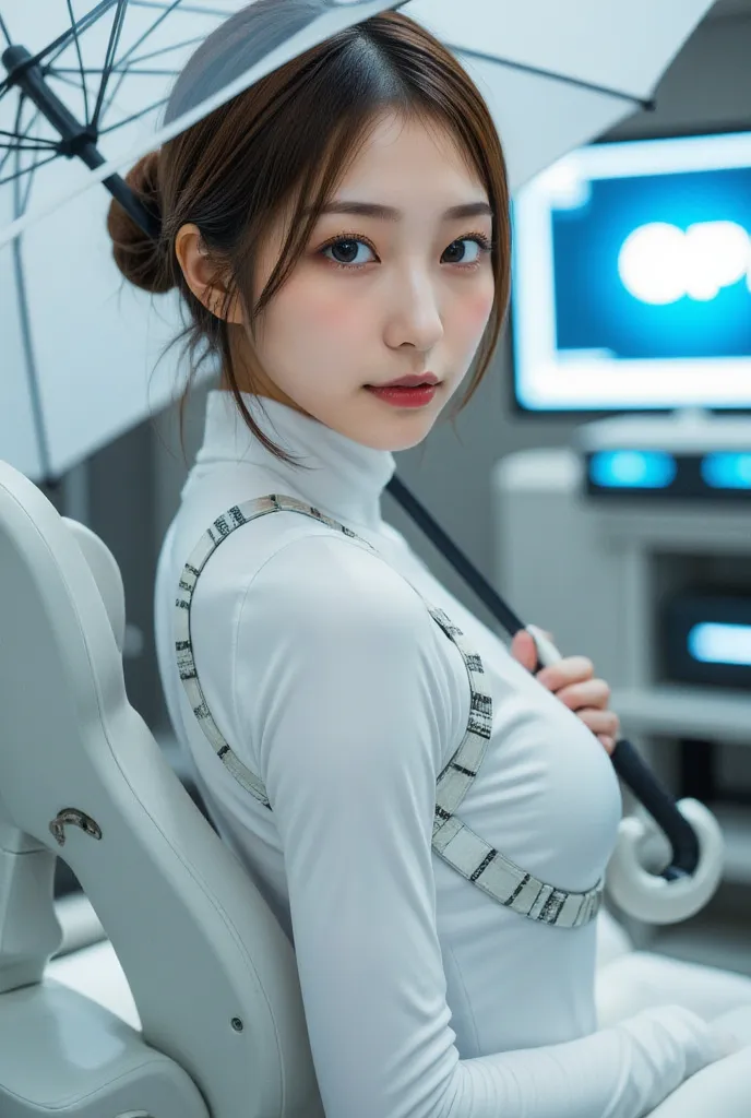   1 woman with an umbrella ,[gal, android woman,Reality:1.37,perfect anatomy,   Full Body Portrait, close-up woman ,  wires and cables of a cute and absolutely beautiful Japanese idol , female model,connected to wires and cables ,( blue LED eyes :1.3),(Whi...