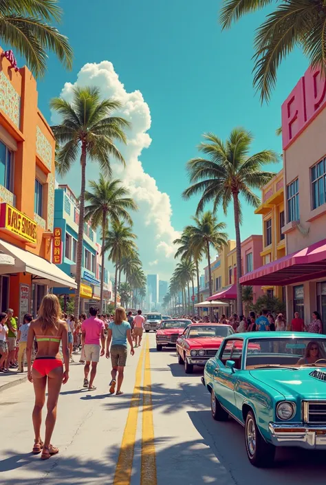 Street environment in Miami with buildings, people, And cars from the 80s