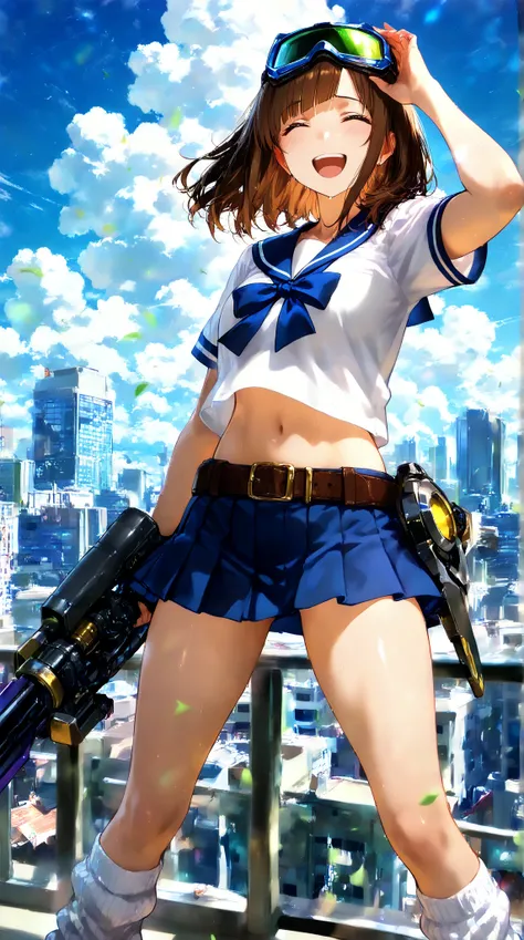 high resolution, photograph,girl in sailor uniform,medium hair,brown hair,cyber goggle on head,Laugh,sidelock asymmetry bangs,belt,loose socks,lowleg micro skirt,navel,giant Mechanical arms,Weapons,
She stands with spread legs apart,She looks at the viewer...