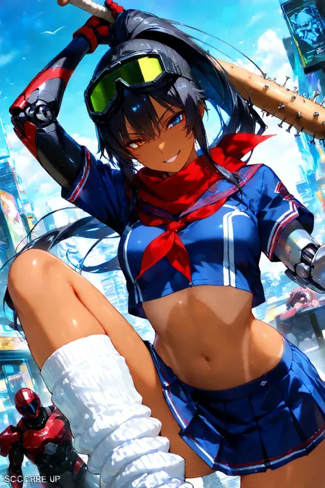 score_9, score_8_up, score_7_up, score_6_up, score_5_up, score_4_up,anime artwork masterpiece,best quality, unreal engine, ultra res, extremely detailed, One Girl,black hair,high ponytail hair,heterochromia,,tan skin,soldier goggles on head,blue sailor sui...