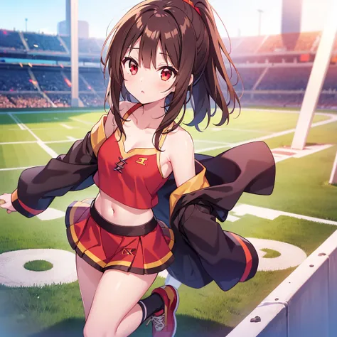 Megumin, 1 girl,   natural light,  masterpiece,  High precision,  's illustration ,  game cg,  is ridiculous, high quality, (red eyes:1.2), beautiful detail eyes, brown hair,  short hair, ponytail, bangs,  glossy lips in an old post, clavicle,  cheerleader...