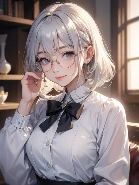  silver haired woman、smile、 upper body、glasses、 Have a smartphone