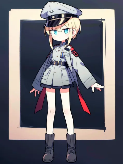 ((True best masterpiece, Ultimately perfect quality, Extremely delicate details)), A skinny soldier girl, Blonde, Blue eyes, Putting on a military suit, Gray jacket, Military cap, Dress shirt with tire, Skirt, Boots, Uniform during world war era, German of...